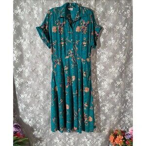 Vintage 90s Floral Dress Size Large 1990s Retro Green Shirtwaist Rayon Feminine